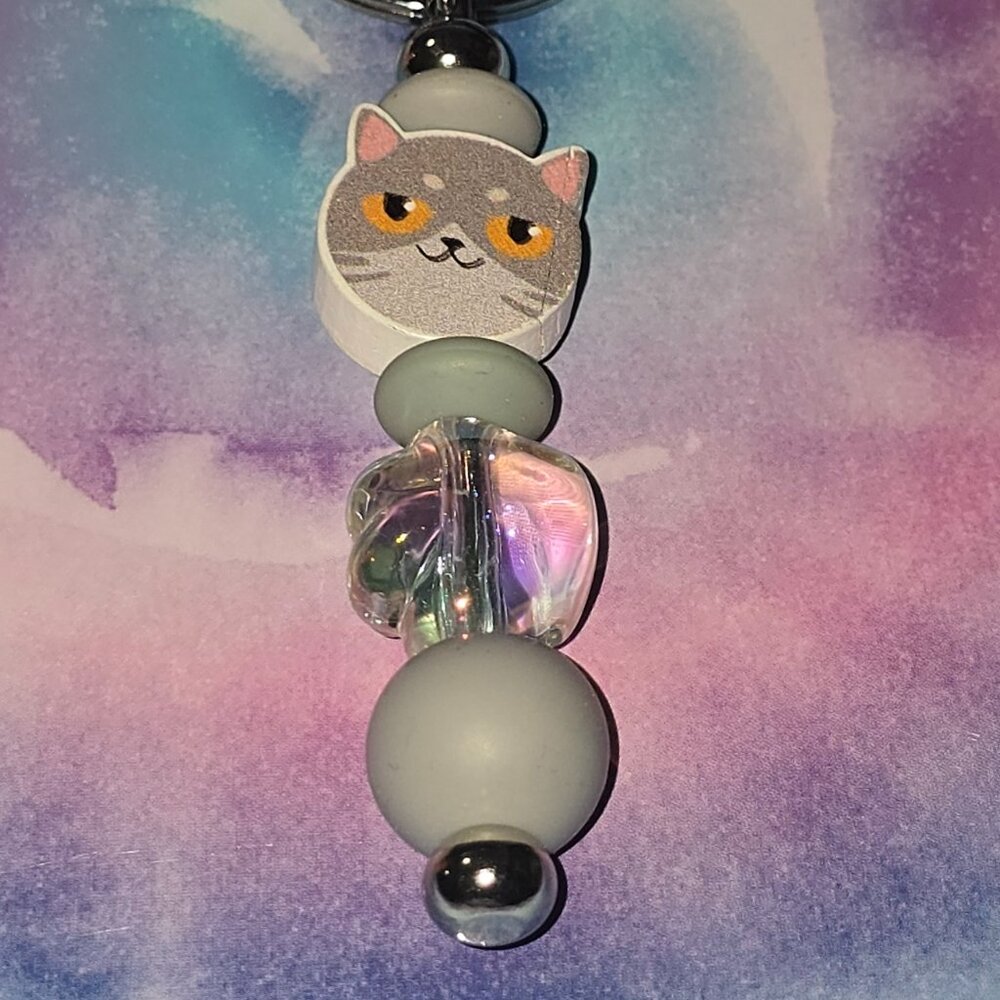Gray Kitty Silver Keychain Purse Charm Beaded Cat Paw Toe Beans Zipper Pull